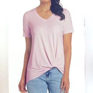 Ladies' V-Neck Twist Front Knot Short sleeve Tee V-Neck Stretch Knit Fabric Top